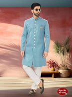 Joban Fashion Men's Blue Straight Imported Armani Thread And Sequence Embroidary All Over Indo-Western Kurta Set