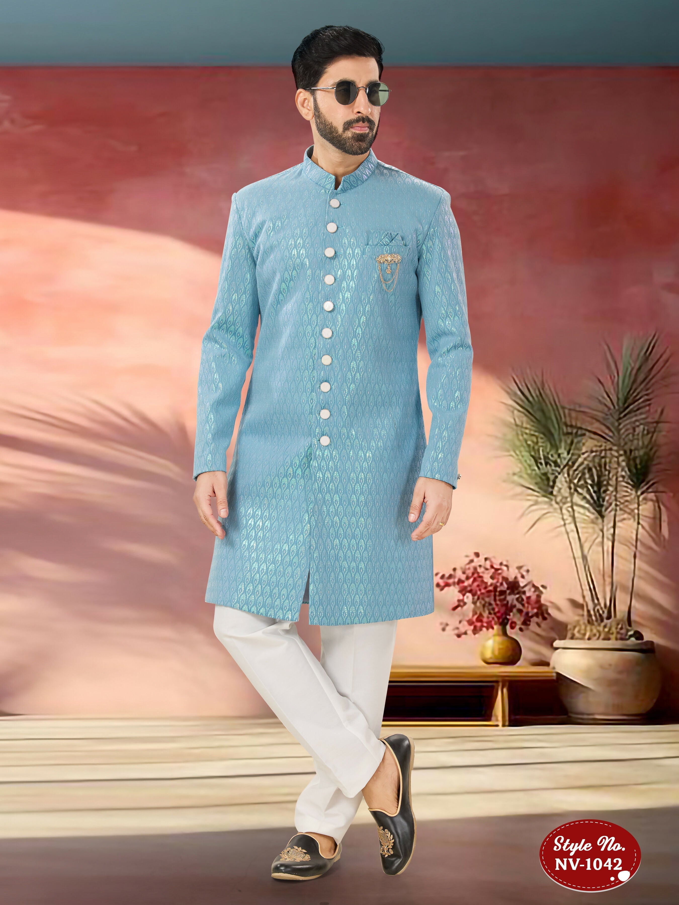 Joban Fashion Men's Blue Straight Imported Armani Thread And Sequence Embroidary All Over Indo-Western Kurta Set