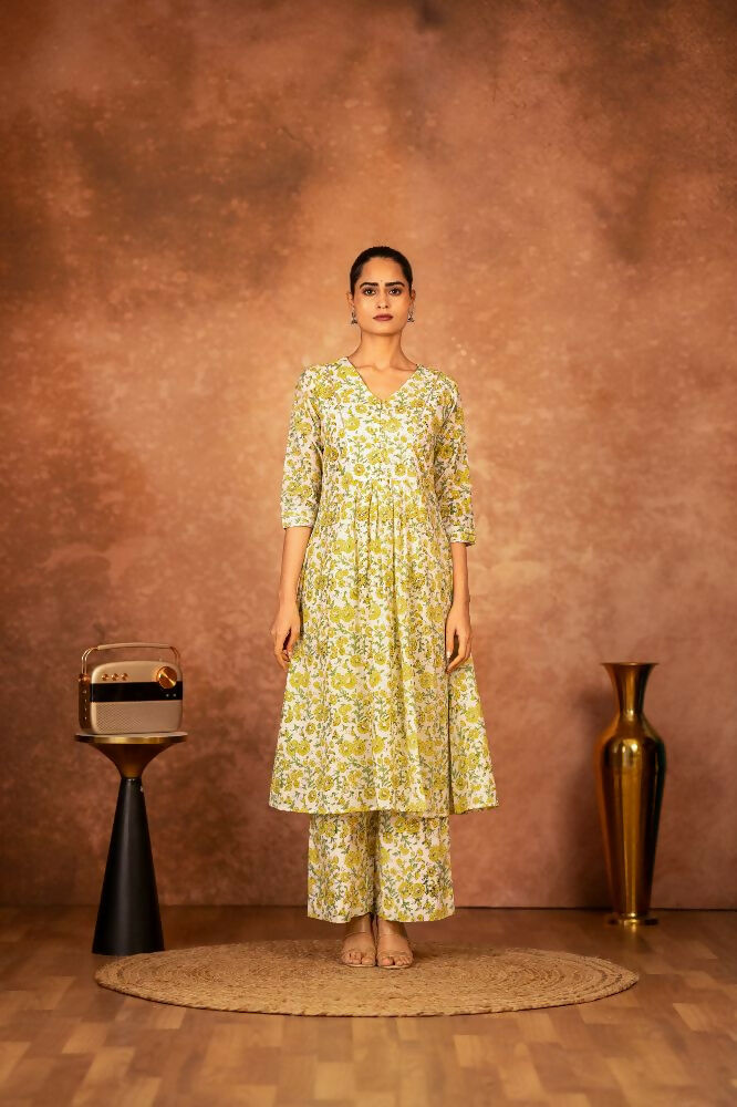 Joban Fashion Yellow Hand Block Printed Cotton Suit Set - Distacart