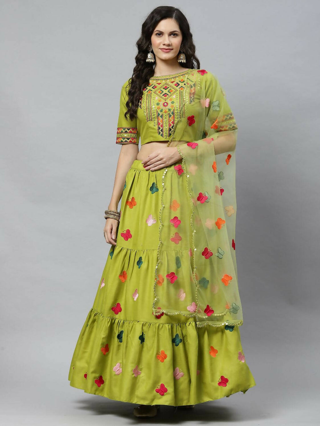 Green Cotton Embroidered Work Lehenga Choli with Dupatta - Jivika