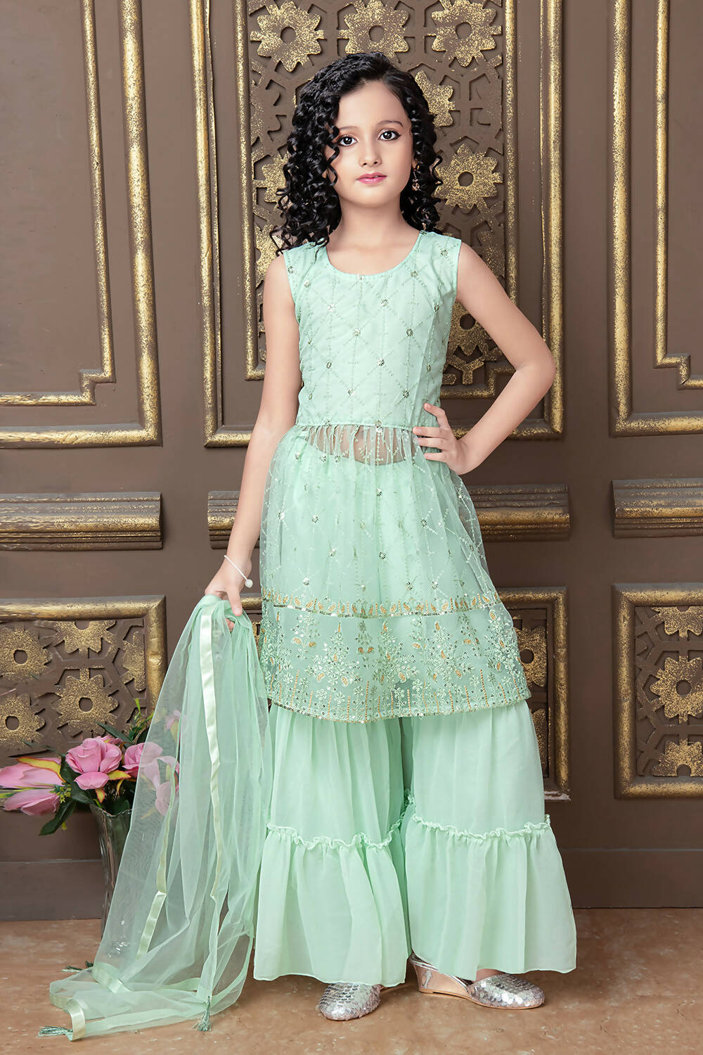 Kids Wedding Designer Teal Pure Finest Soft Net Sharara Suit - Aaradhna