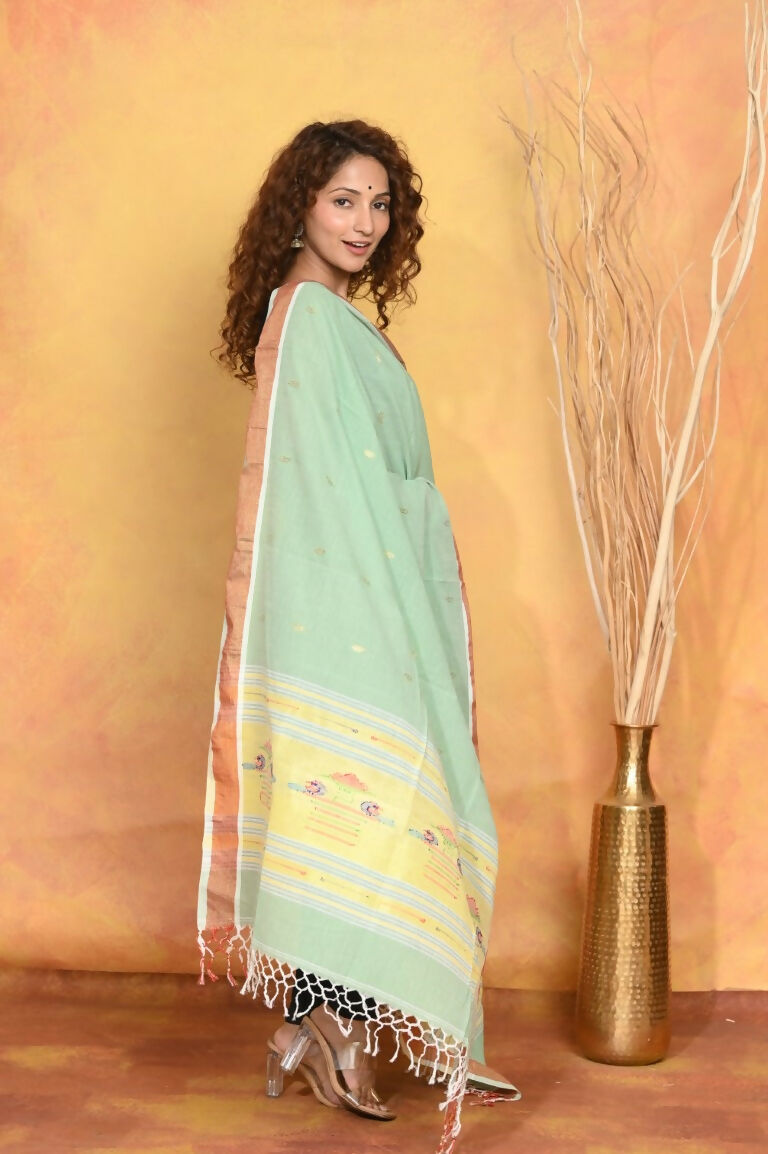 Very Much Indian Handloom Pure Cotton Paithani Dupatta - Sea Green