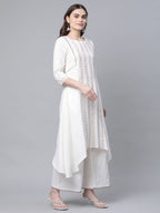 Ahalyaa Women's Off white Pure Cotton Printed Asymmetric Kurta Palazzo Set