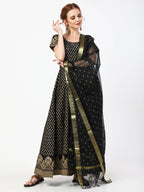 Cheera Women's Black Cotton Hand Block Print Long Dress With Silk Dupatta Set