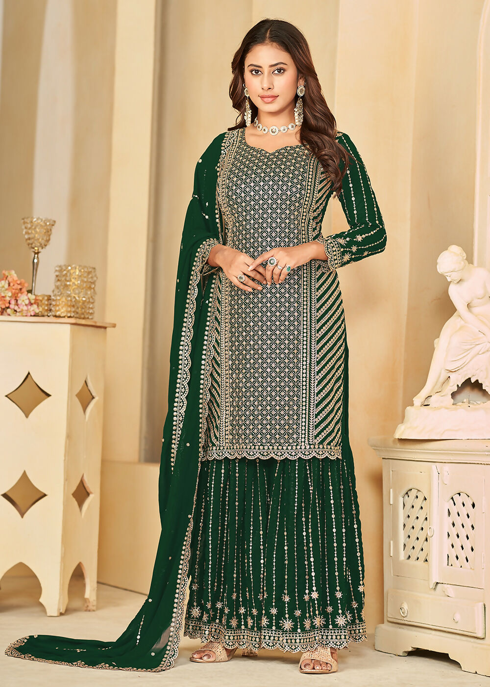 Mesmeric Green Faux Georgette Palazzo Suit with Embroidery - Emponline