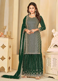 Mesmeric Green Faux Georgette Palazzo Suit with Embroidery - Emponline