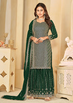 Mesmeric Green Faux Georgette Palazzo Suit with Embroidery - Emponline