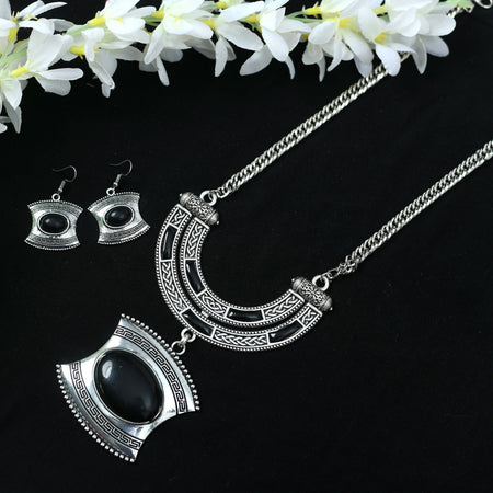 Mominos Fashion Johar Kamal Oxidised Silver-Plated Stone Work Long Necklace Handicraft