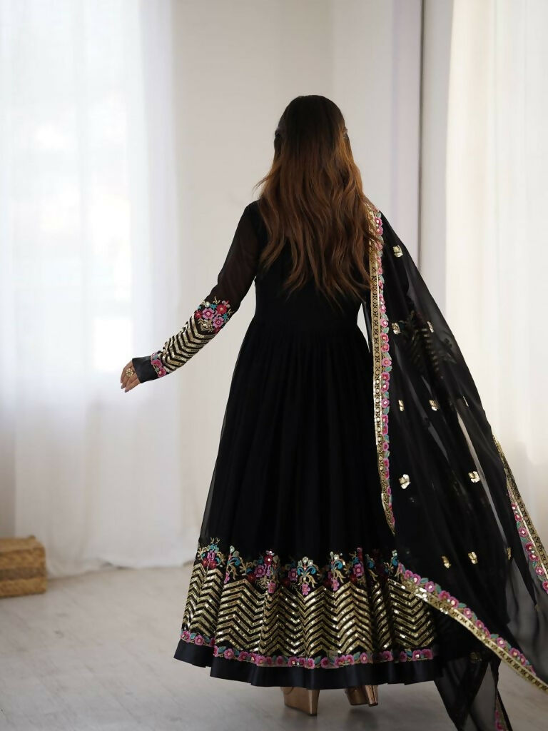 Teeya Creation Black Color Heavy Georgette Wedding Wear Embroidery Work Long Gown - Distacart