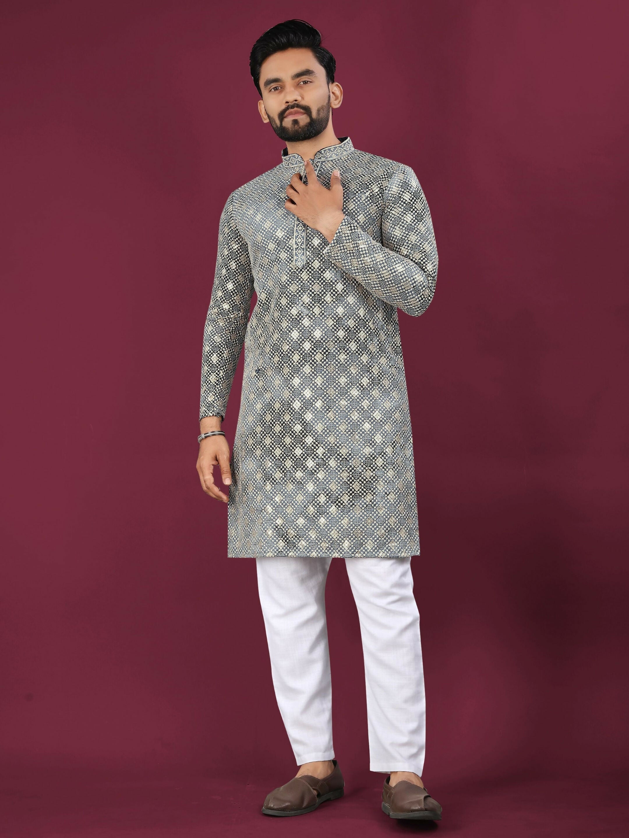 Anaita Grey Chikankari Work Viscose Rayon Straight Kurta