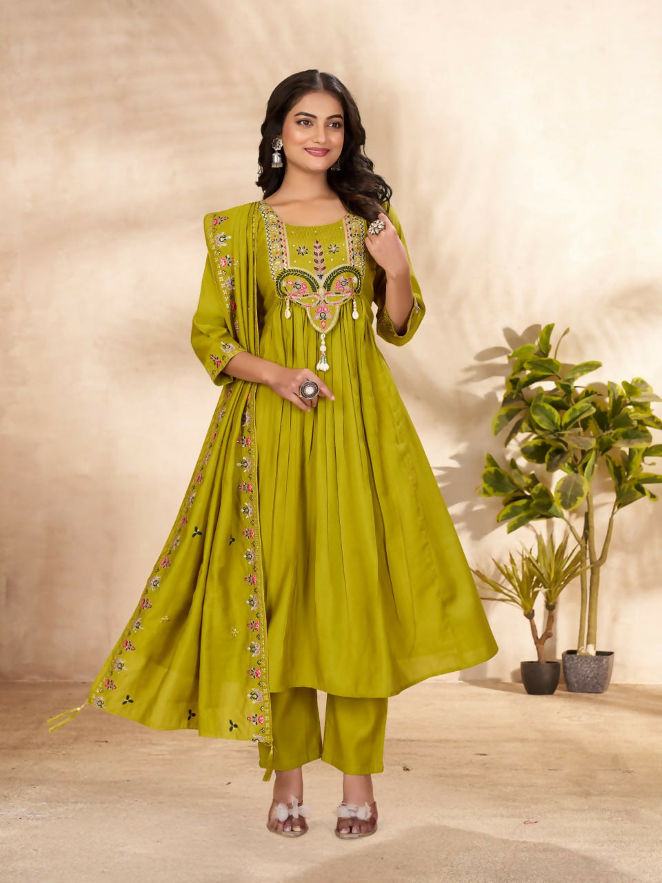 Lehenga Mart Designer Anarkali Suit With Kurta, Pant, Dupatta For Women-Lime Green - Distacart