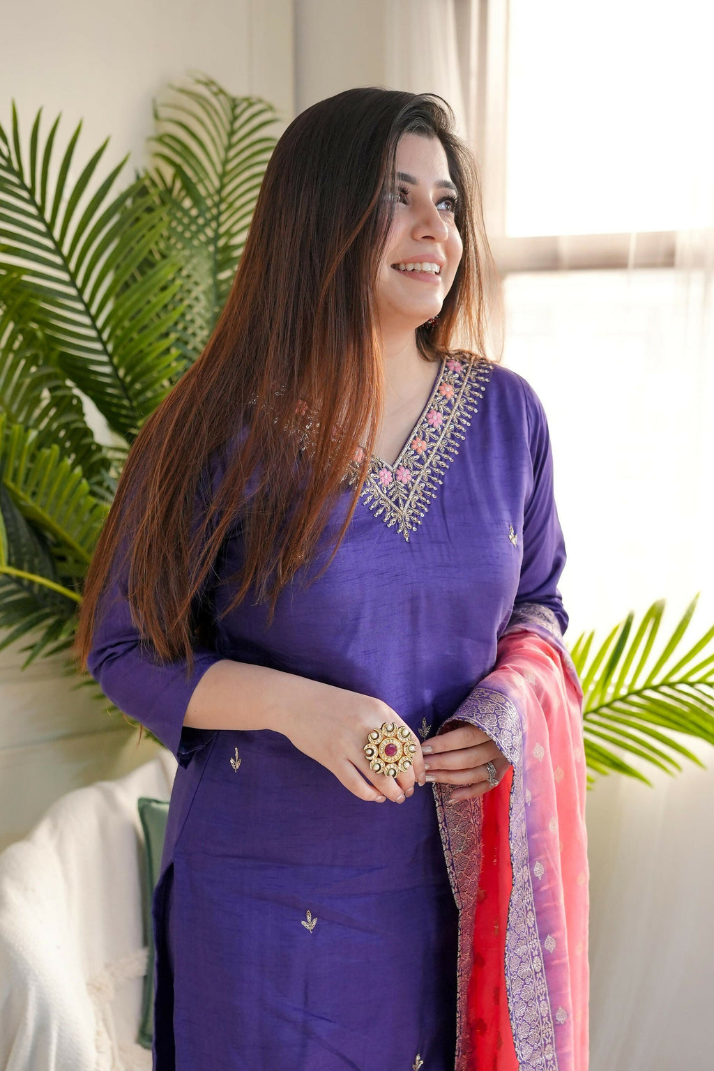The52 Purple Women's Gorgeous Embroidered Vichitra Fabric Straight Kurta Pant with Dupatta Set - Distacart