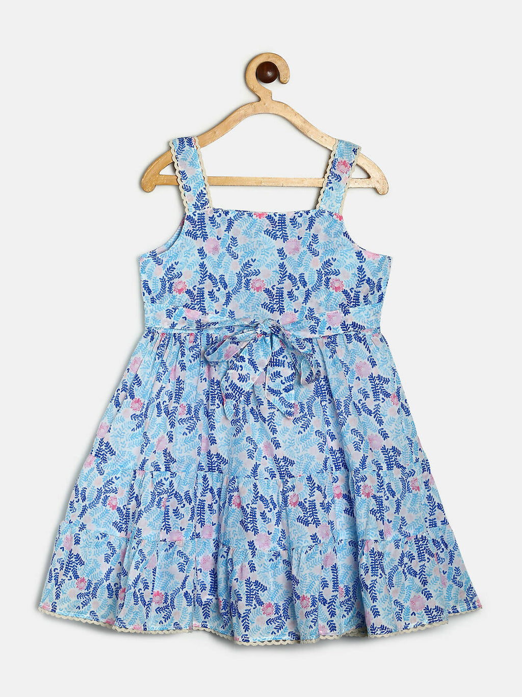 Manet Girls Cotton Layer Frock Leaf Printed - Blue