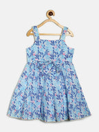 Manet Girls Cotton Layer Frock Leaf Printed - Blue