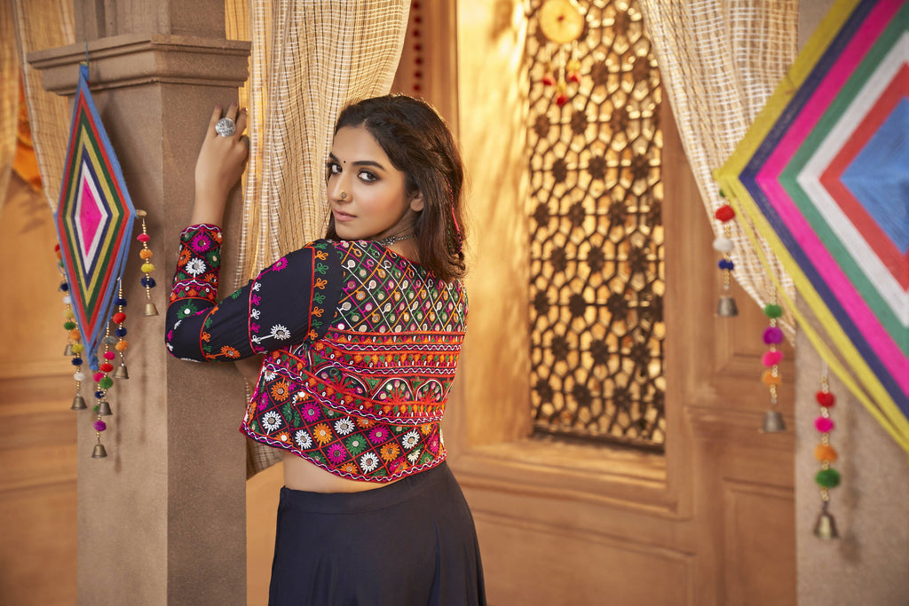 Navy Blue Viscose Rayon Thread Embroidered Work With Mirror All Over Navratri Lehenga Choli With Dupatta - Raas