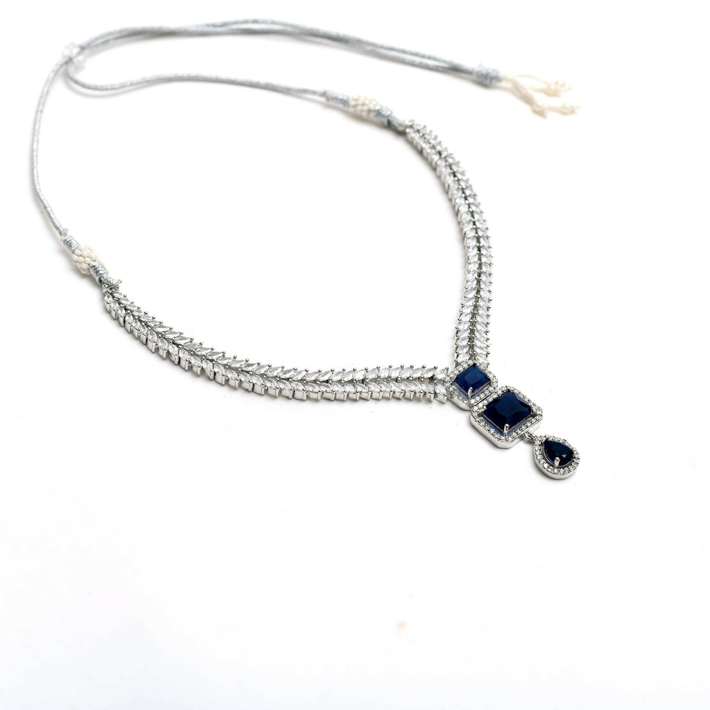 Mominos Fashion Johar Kamal Silver-Plated American Diamond Navy Blue Choker Set - Distacart