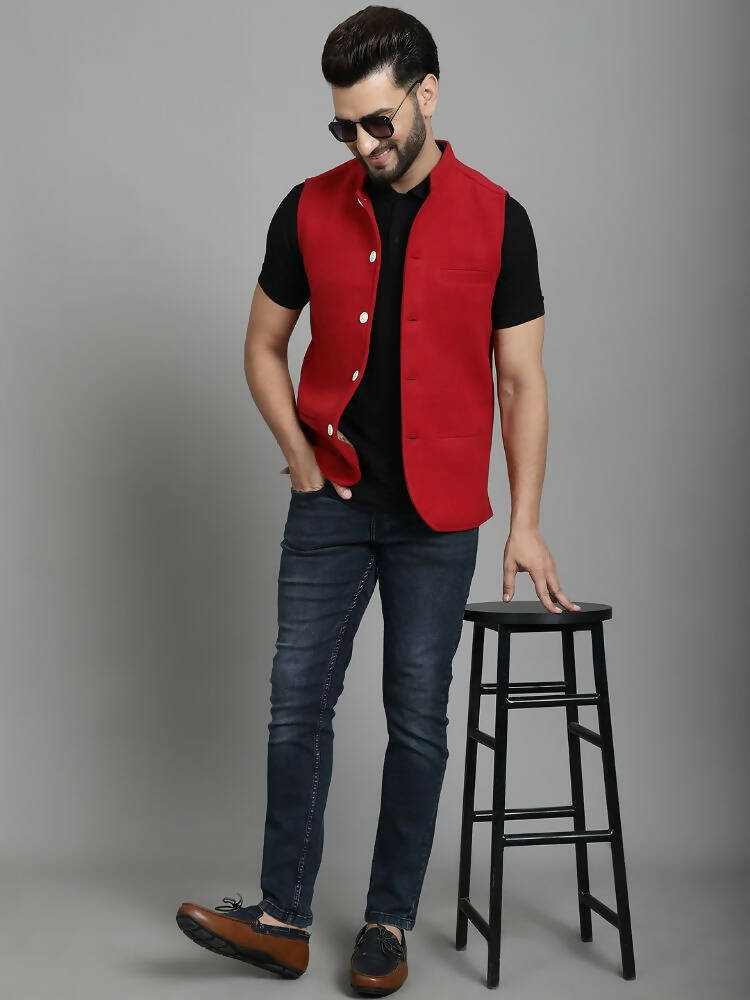 Even Apparels Nehru Jacket With Welt Pockets - Red