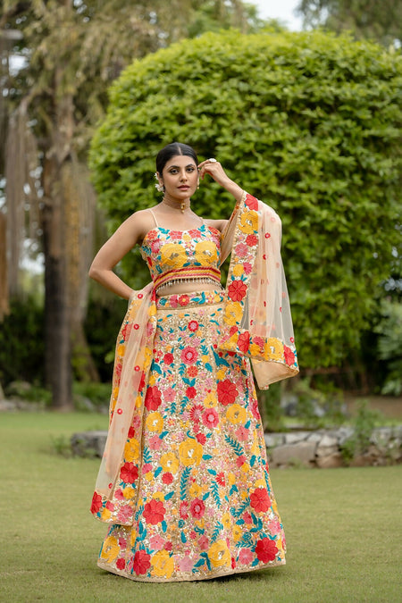 Eilara Women'S Multicolored Georgette Thread And Sequins Embroidred Work Lehenga Choli For Bride