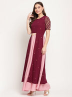 Ahalyaa Women Wine Crepe Glitter Print Dress