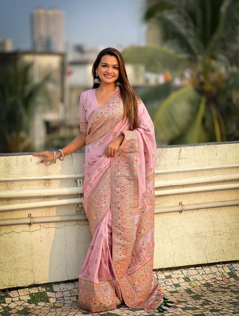 Pink Pashmina Silk Wevon Kashmiri Meenakari Designer Saree with Unstitched Blouse - Vandini