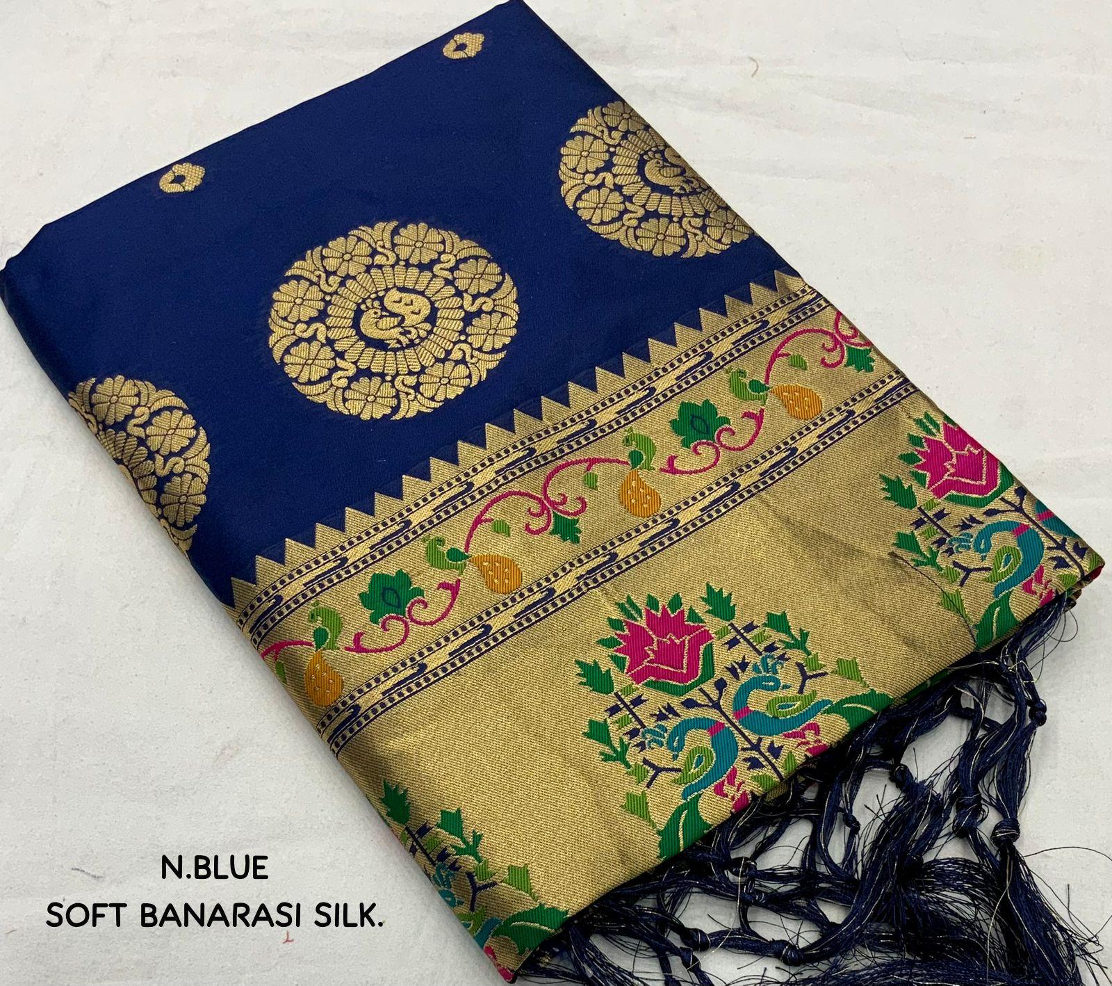 Navy Blue Pure Silk Woven Design Saree with Unstitched Blouse - Hiral Fashion
