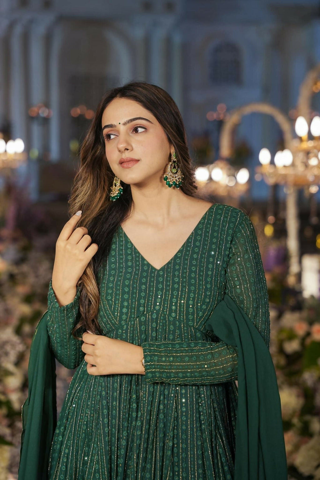 Aayaa Designer Embroidery Zari Sequins Work Faux Blooming Georgette Suit - Green - Distacart