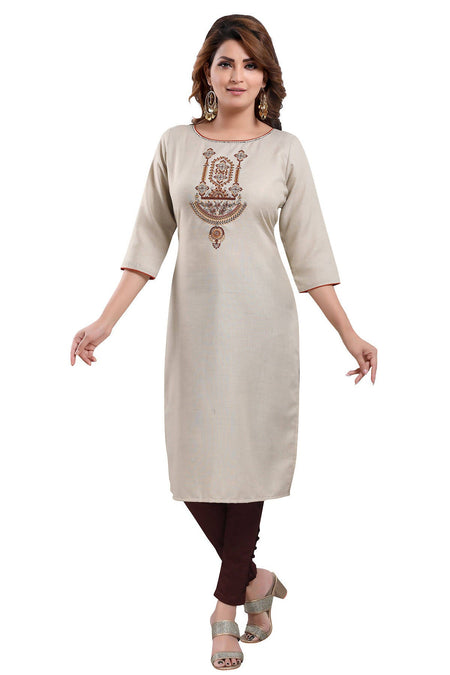 Snehal Creations Boastful Beige Color Casual Cotton Ladies Kurti With Embroidery