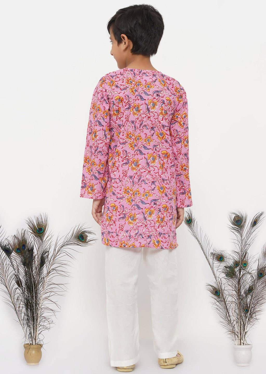 Little Bansi Boys Cotton Block Print Floral Kurta with Pearl Buttons & Pyjama in Pink & Cream