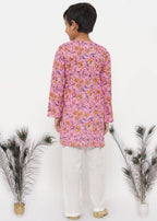 Little Bansi Boys Cotton Block Print Floral Kurta with Pearl Buttons & Pyjama in Pink & Cream