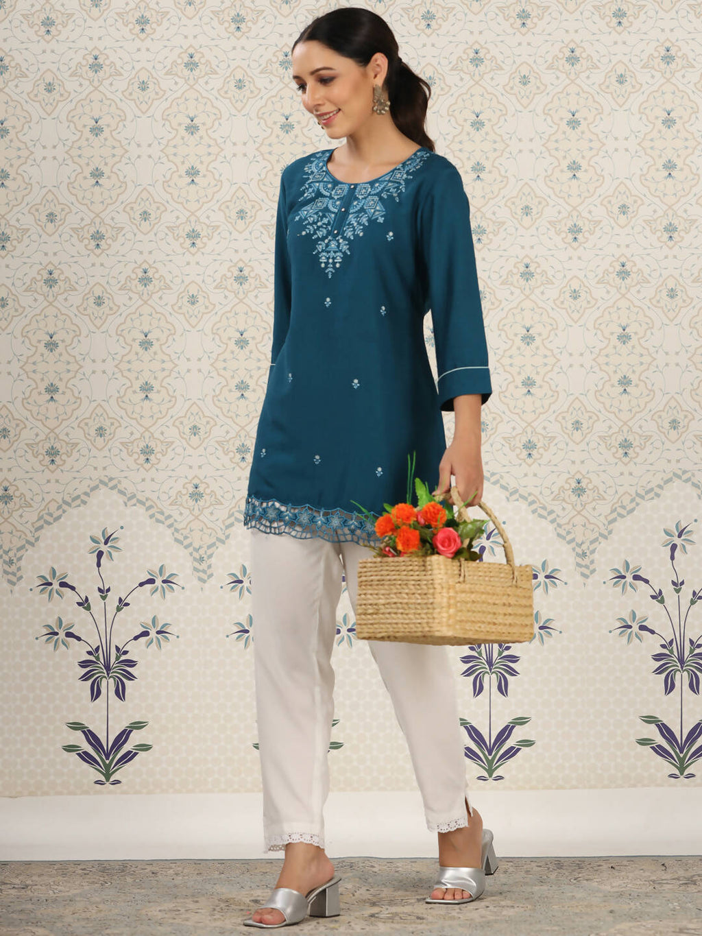 Teal Chinon Embroidered Straight Top - Zeny