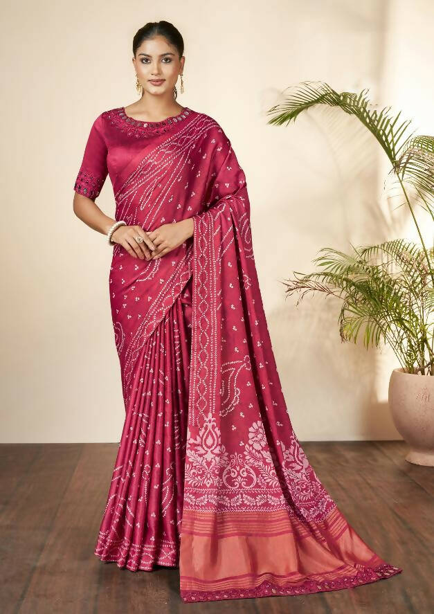 Pink Gajji Silk Bandhani Print with Mirror hand work Saree - Norita Nirvi