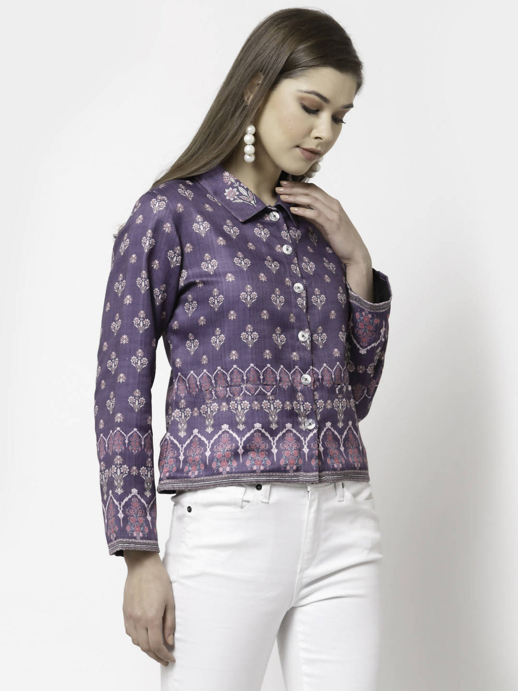 Myshka Women Purple Cotton Blend Printed Full Sleeve Shirt Collar Casual Jacket