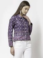 Myshka Women Purple Cotton Blend Printed Full Sleeve Shirt Collar Casual Jacket