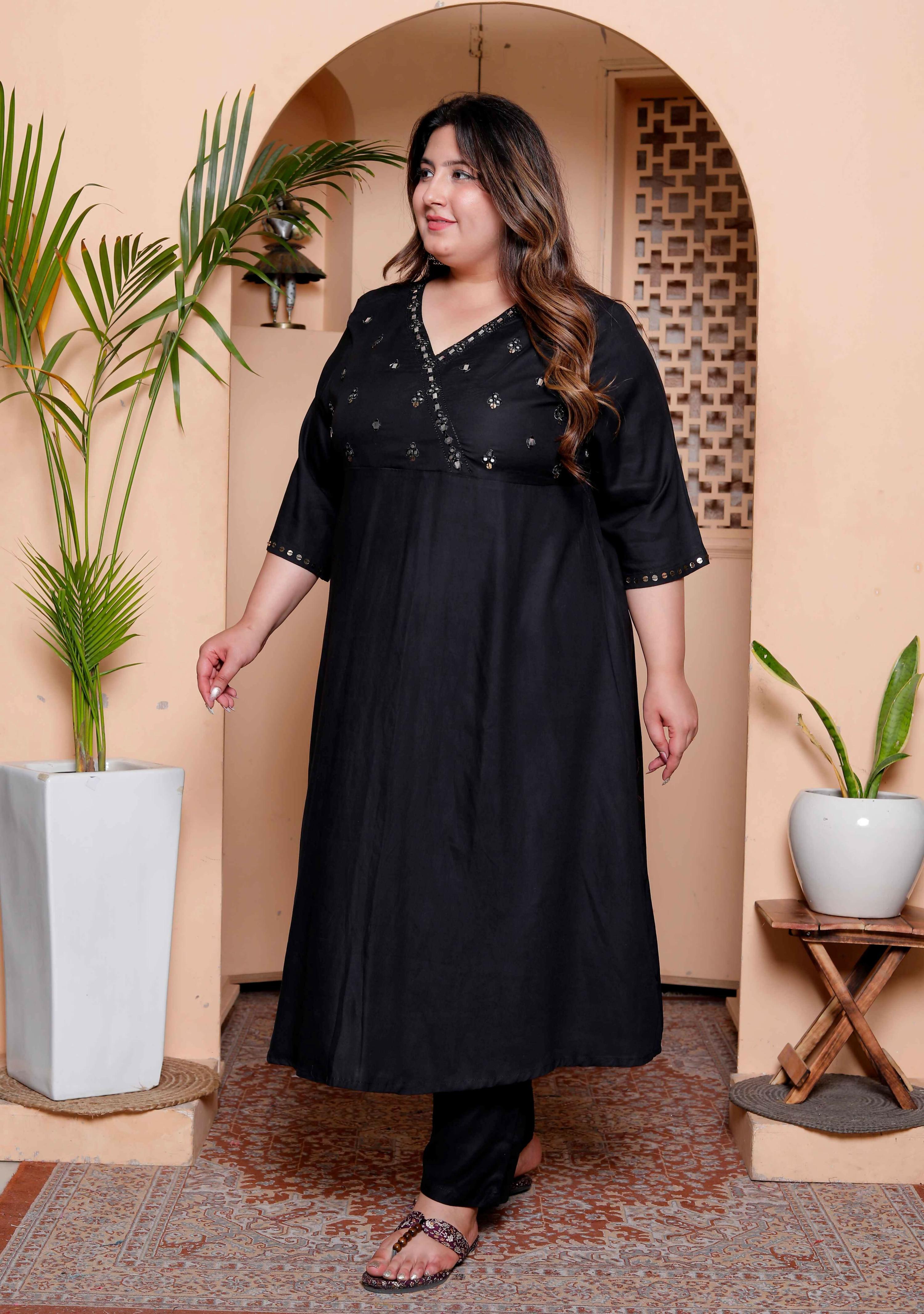 Miravan Womens Plus Size Black Mirror work Angrakha Kurta and Palazzo Set - Distacart