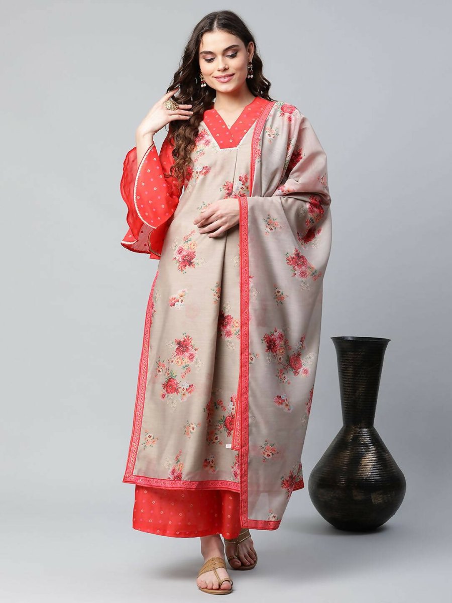 Ahalyaa Womens Chiku Chanderi Printed Kurta Palazzo Set - Distacart