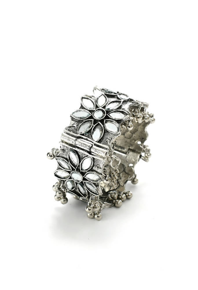 Mominos Fashion Kamal Johar Oxidised Silver-Plated Mirror work Design Bracelet