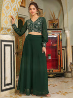 Janasya Dark Green Georgette Embroidered Top & Skirt