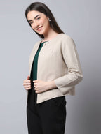 Even Apparels Cream Linen Cotton Open Front Statement Women's Jacket