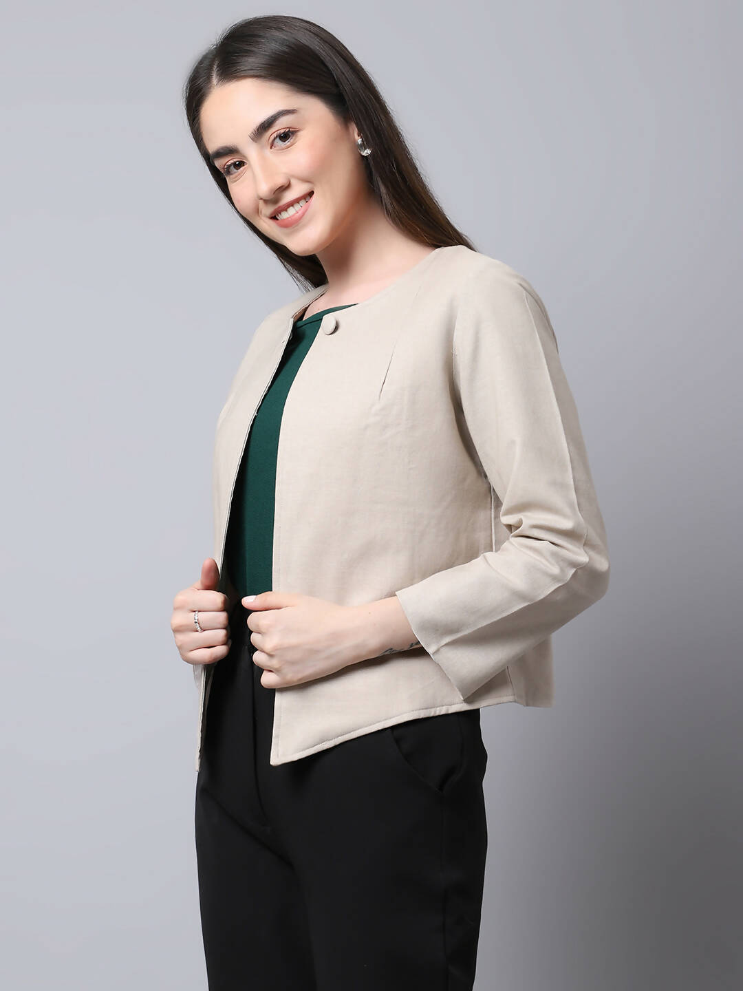 Even Apparels Cream Linen Cotton Open Front Statement Women's Jacket
