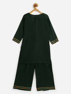 Ahalyaa Dark Green Chanderi Solid Kids Kurta Palazzo Set With Dupatta For Girls