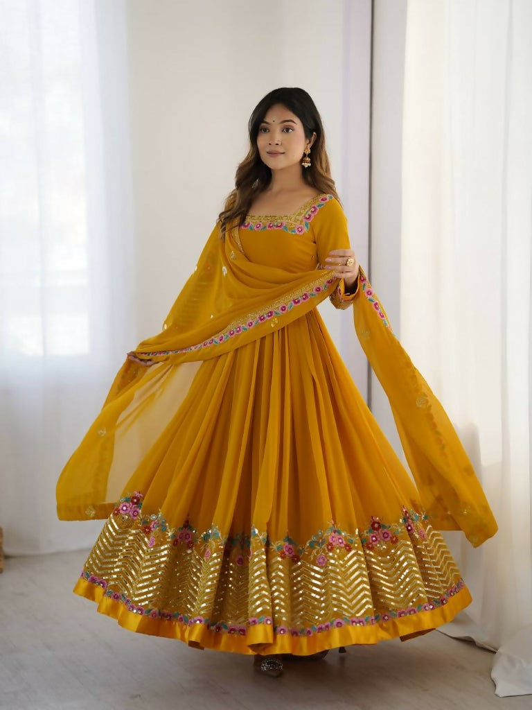 Teeya Creation Yellow Color Heavy Georgette Wedding Wear Embroidery Work Long Gown - Distacart