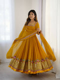 Teeya Creation Yellow Color Heavy Georgette Wedding Wear Embroidery Work Long Gown - Distacart