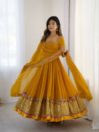 Teeya Creation Yellow Color Heavy Georgette Wedding Wear Embroidery Work Long Gown - Distacart