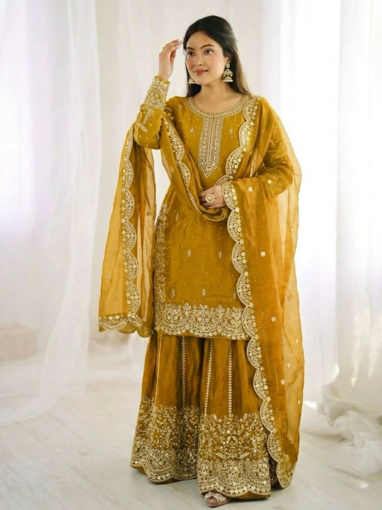 Teeya Creation Yellow Color Fendy Silk Embroidery Work Wedding Wear Salwar Suit - Distacart