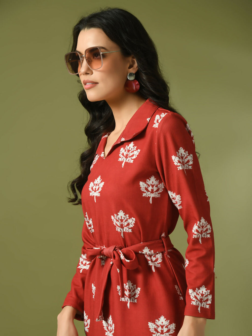Myshka Women's Rust Printed Polo Collar Party Top With Trousers Co-ord set