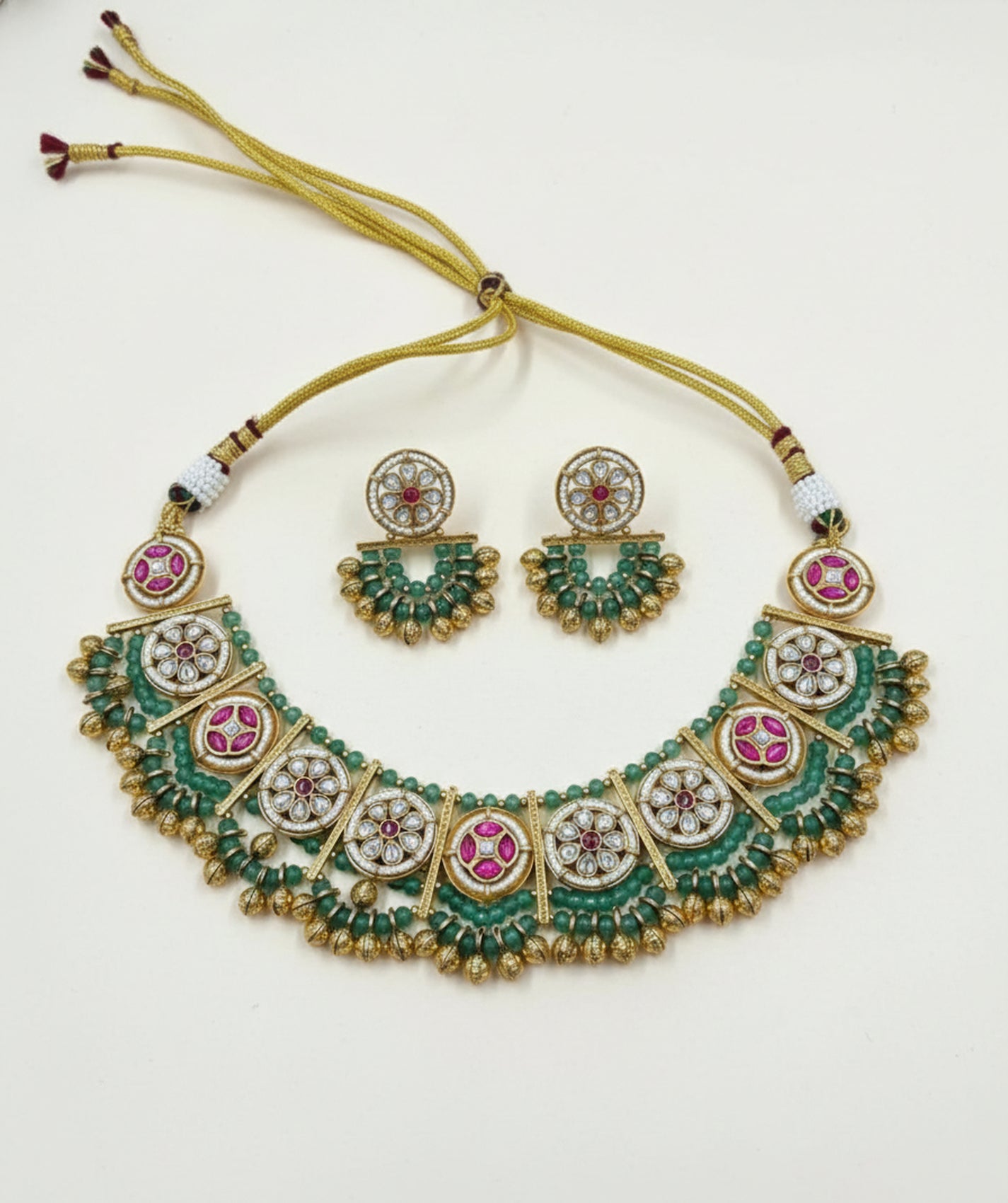 Jewel City Stunning Handcrafted Green And Pink Gold-Plated Choker Necklace Set