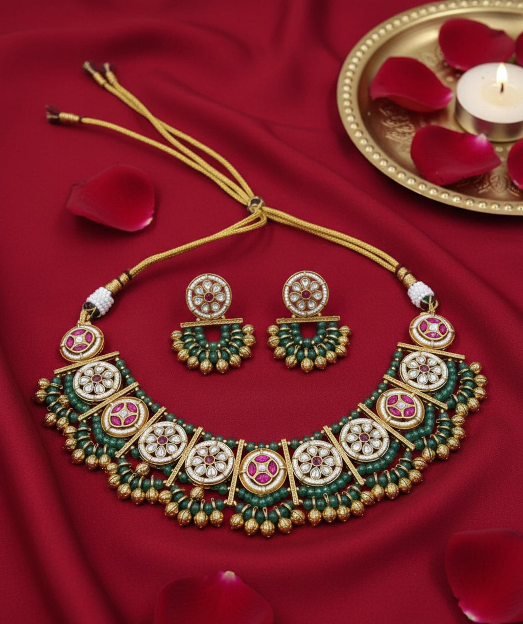 Jewel City Stunning Handcrafted Green And Pink Gold-Plated Choker Necklace Set