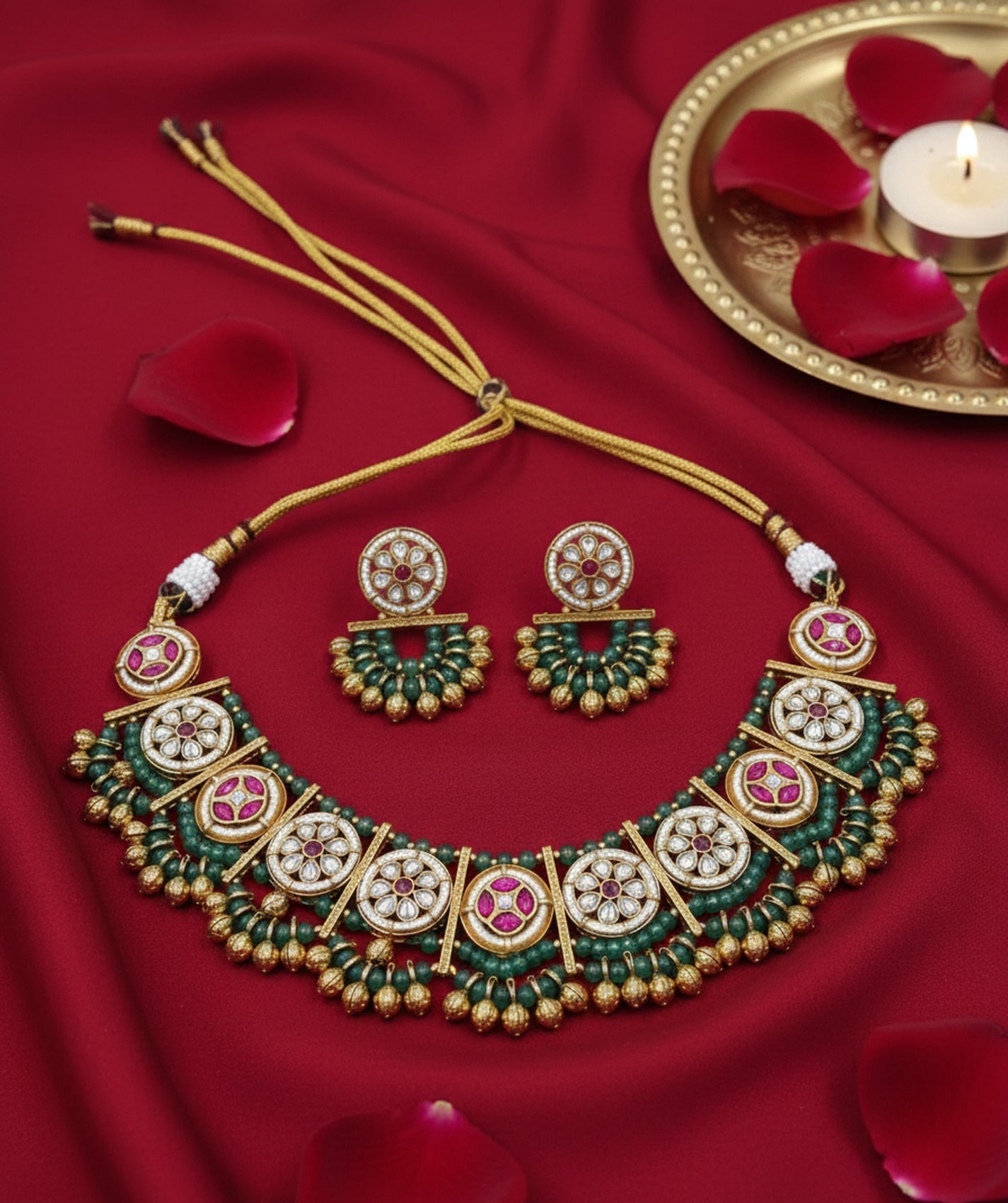 Jewel City Stunning Handcrafted Green And Pink Gold-Plated Choker Necklace Set