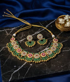 Jewel City Stunning Handcrafted Green And Pink Gold-Plated Choker Necklace Set