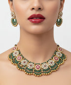 Jewel City Stunning Handcrafted Green And Pink Gold-Plated Choker Necklace Set